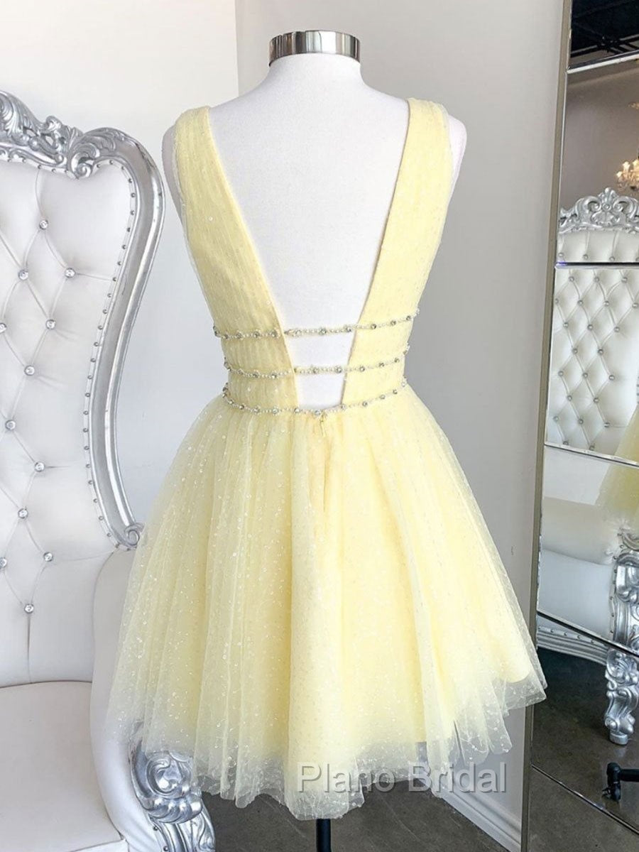 Cute Yellow V Neck Tulle Beads Short Formal Prom Dresses Yellow Homecoming Dresses Secondary image