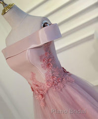 Pink A Line Off Shoulder Floor Length Formal Prom Dresses, Lace Evening Dresses