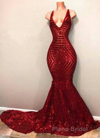 Red Sequins Shiny V-Neck Mermaid Long Formal Prom Dresses