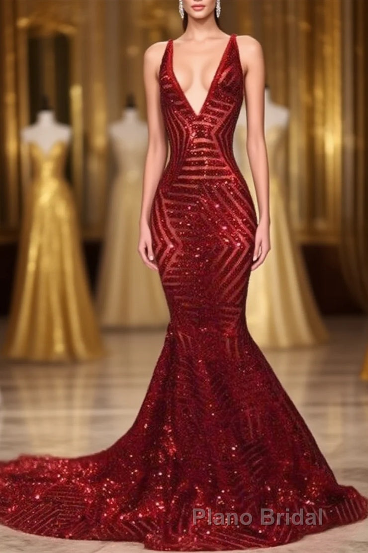 Red Sequins Shiny V-Neck Mermaid Long Formal Prom Dresses Main image