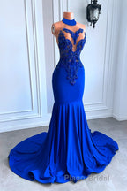 Royal Blue High Neck Sleeveless Mermaid Formal Prom Dress with Beadings