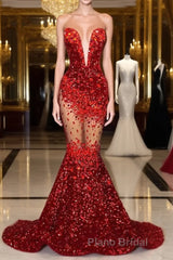 Red Mermaid Style Formal Prom Dress with Sweetheart Sequins and Ruffle