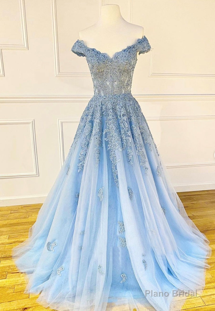 Blue Lace Off the Shoulder Prom Dresses, A-Line Evening Dresses Main image