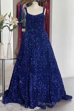 Red Sequin Square Neck Backless A-Line Long Formal Prom Gown