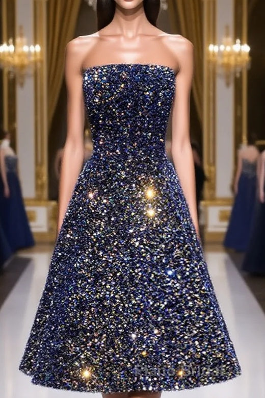 Dark Blue A-Line Sequin Lace Short Formal Prom Dress, Cute Blue Homecoming Dress Main image