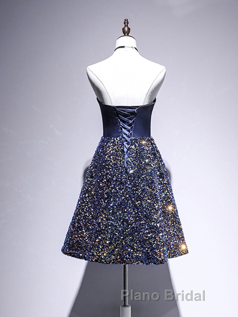 Dark Blue A-Line Sequin Lace Short Formal Prom Dress, Cute Blue Homecoming Dress