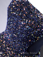 Dark Blue A-Line Sequin Lace Short Formal Prom Dress, Cute Blue Homecoming Dress