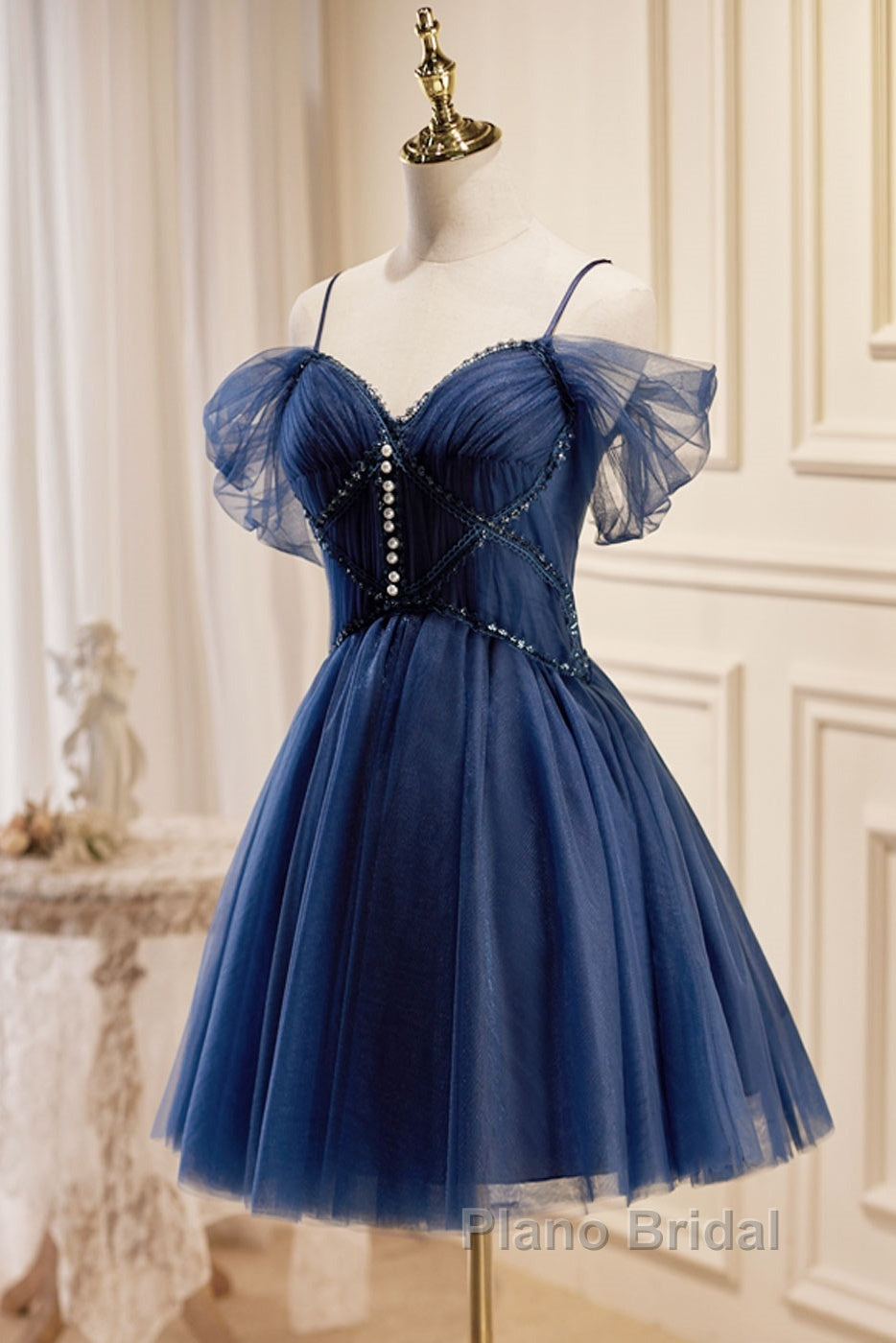 Dark Blue A-Line Short Formal Prom Dresses, Dark Blue Homecoming Dresses