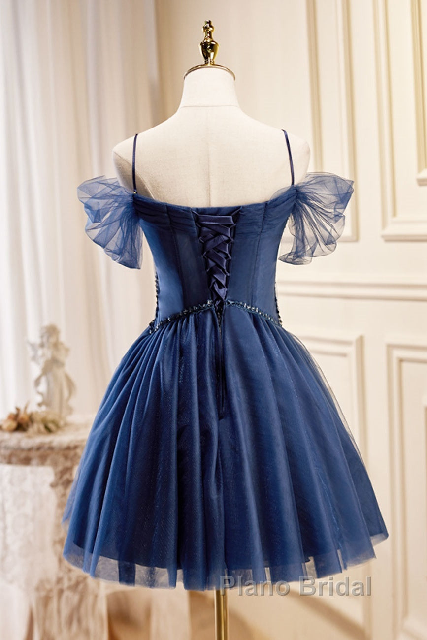 Dark Blue A-Line Short Formal Prom Dresses, Dark Blue Homecoming Dresses
