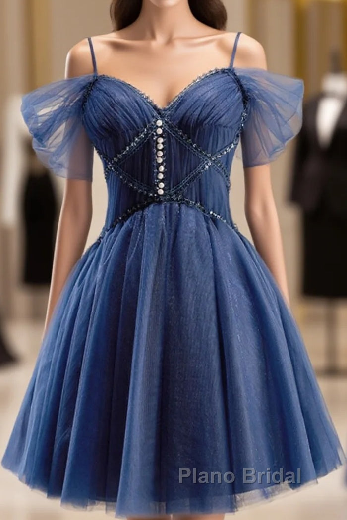Dark Blue A-Line Short Formal Prom Dresses, Dark Blue Homecoming Dresses