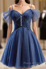 Dark Blue A-Line Short Formal Prom Dresses, Dark Blue Homecoming Dresses