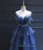 Dark Blue A Line Strapless Beaded Tulle Long Senior Formal Prom Dresses Evening Party Dresses