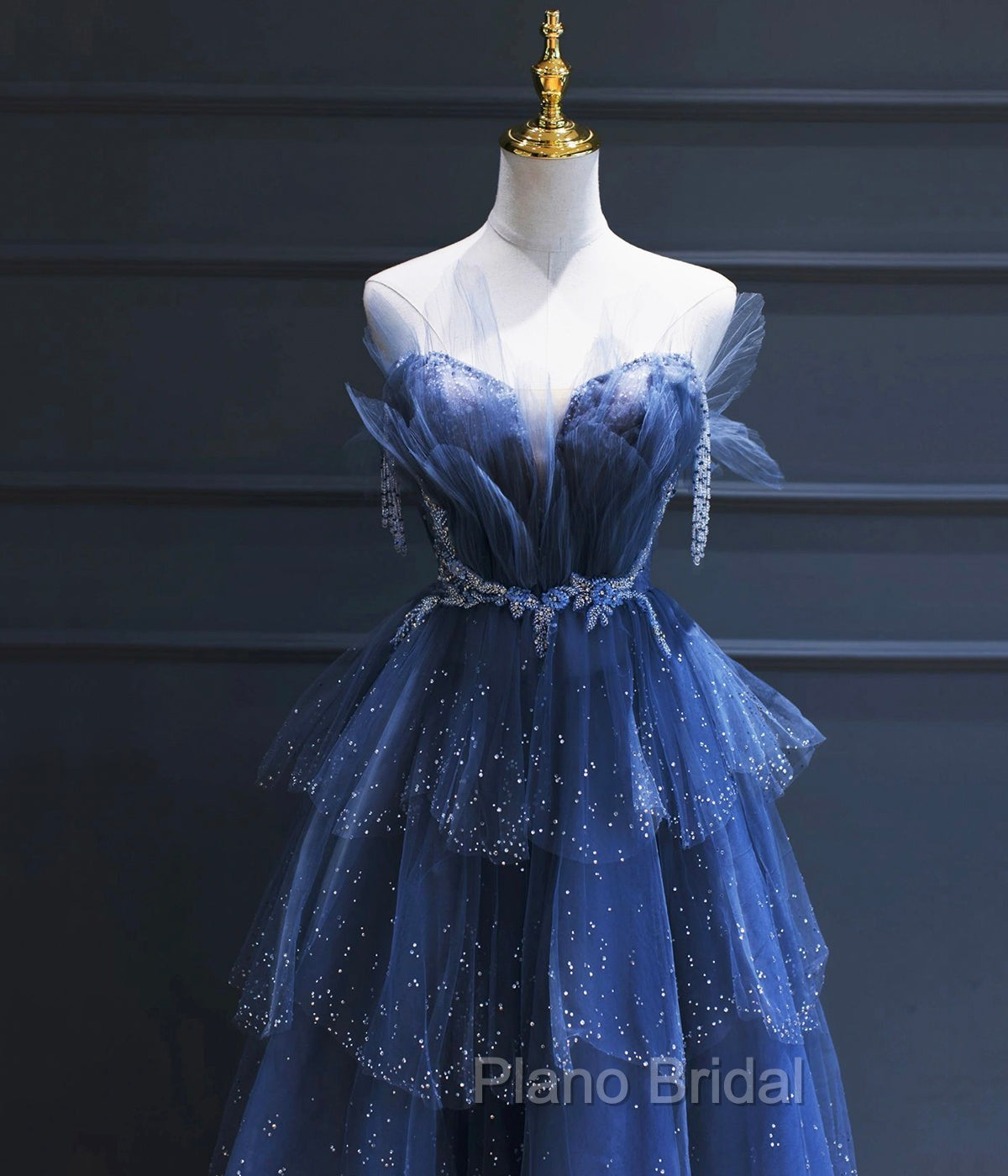 Dark Blue A Line Strapless Beaded Tulle Long Senior Formal Prom Dresses Evening Party Dresses