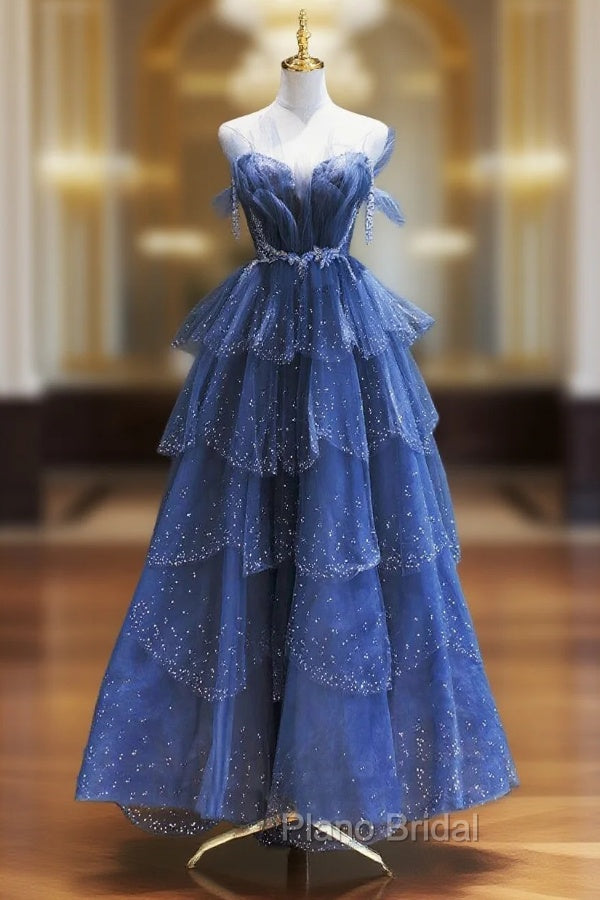 Dark Blue A Line Strapless Beaded Tulle Long Senior Formal Prom Dresses Evening Party Dresses