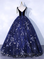 Dark Blue A-Line Tulle Lace Long Formal Prom Dresses, Dark Blue Long Formal Dresses