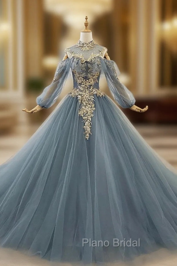 Dark Blue Ball Gown Tulle High Neck Long Sleeve Sequins Wedding Dresses Main image
