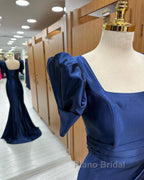 Dark Blue Blue Long Mermaid Formal Prom Dresses With Slit, Dark Blue Party Dresses