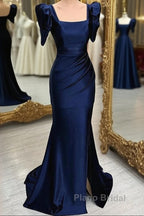 Dark Blue Blue Long Mermaid Formal Prom Dresses With Slit, Dark Blue Party Dresses