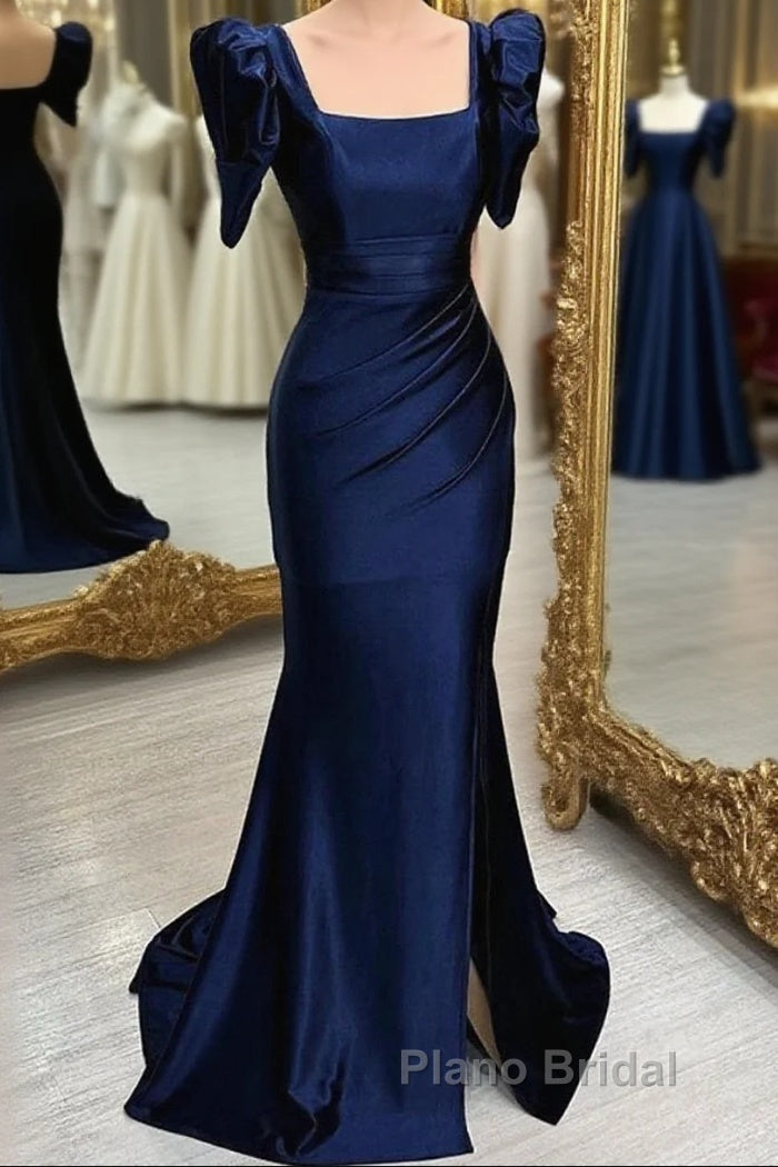 Dark Blue Blue Long Mermaid Formal Prom Dresses With Slit, Dark Blue Party Dresses