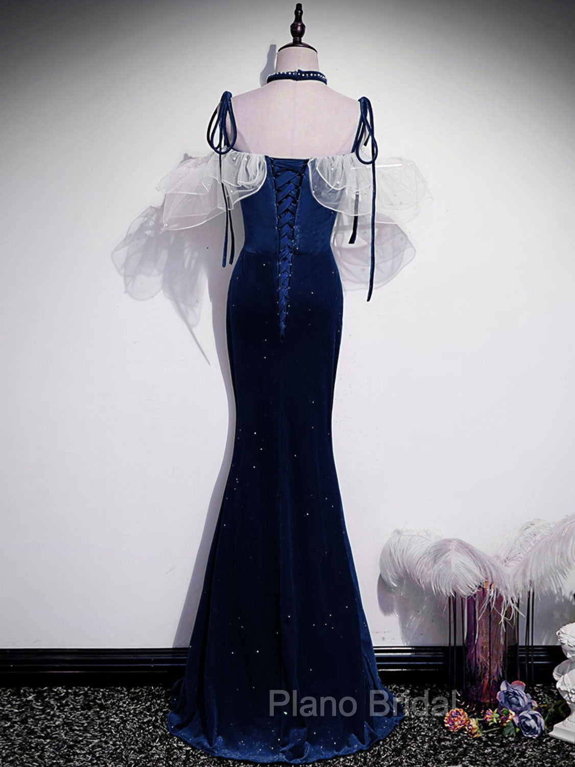Dark Blue Mermaid Velvet Long Formal Prom Dresses, Blue Formal Evening Dresses