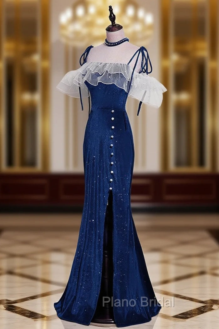 Dark Blue Mermaid Velvet Long Formal Prom Dresses, Blue Formal Evening Dresses Main image