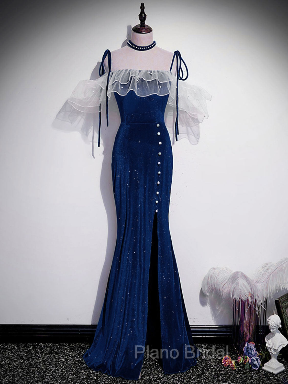 Dark Blue Mermaid Velvet Long Formal Prom Dresses, Blue Formal Evening Dresses Secondary image