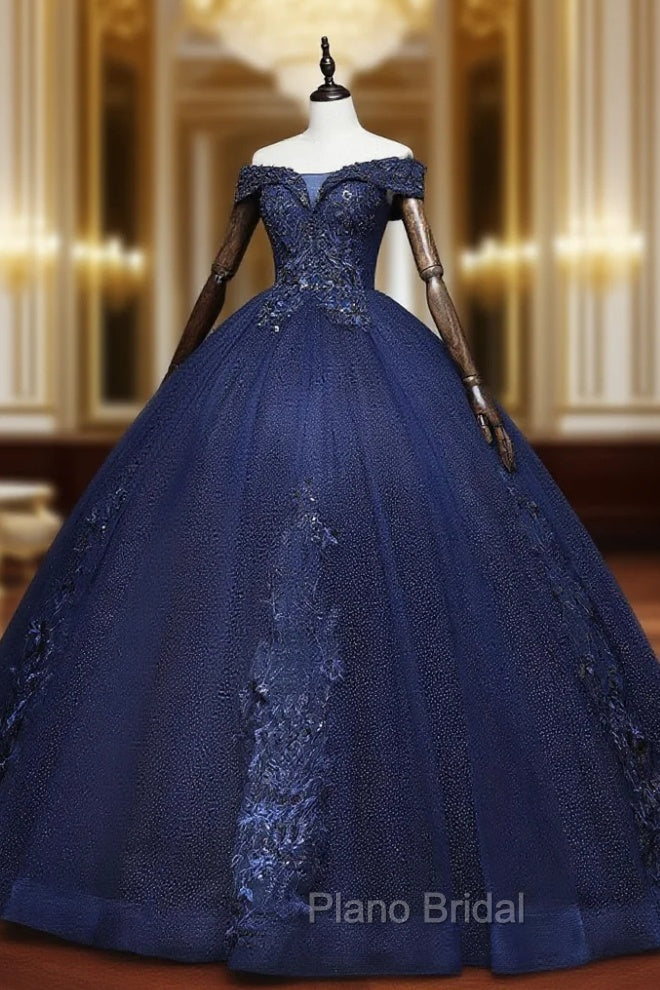 Dark Blue Off Shoulder Tulle Lace Long Formal Prom Gown, Blue Sweet 16 Dresses With Beading Sequin Main image