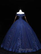 Dark Blue Off Shoulder Tulle Lace Long Formal Prom Gown, Blue Sweet 16 Dresses With Beading Sequin