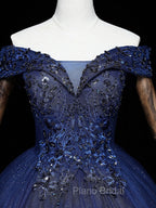 Dark Blue Off Shoulder Tulle Lace Long Formal Prom Gown, Blue Sweet 16 Dresses With Beading Sequin