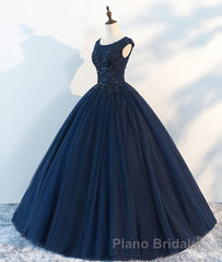 Dark blue round neck tulle lace long Formal Prom dress, blue tulle lace evening dress