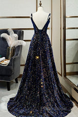 Dark Blue Sequin A Line Spaghetti Straps Bling Bling Formal Prom Dresses