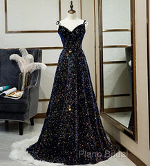 Dark Blue Sequin A Line Spaghetti Straps Bling Bling Formal Prom Dresses