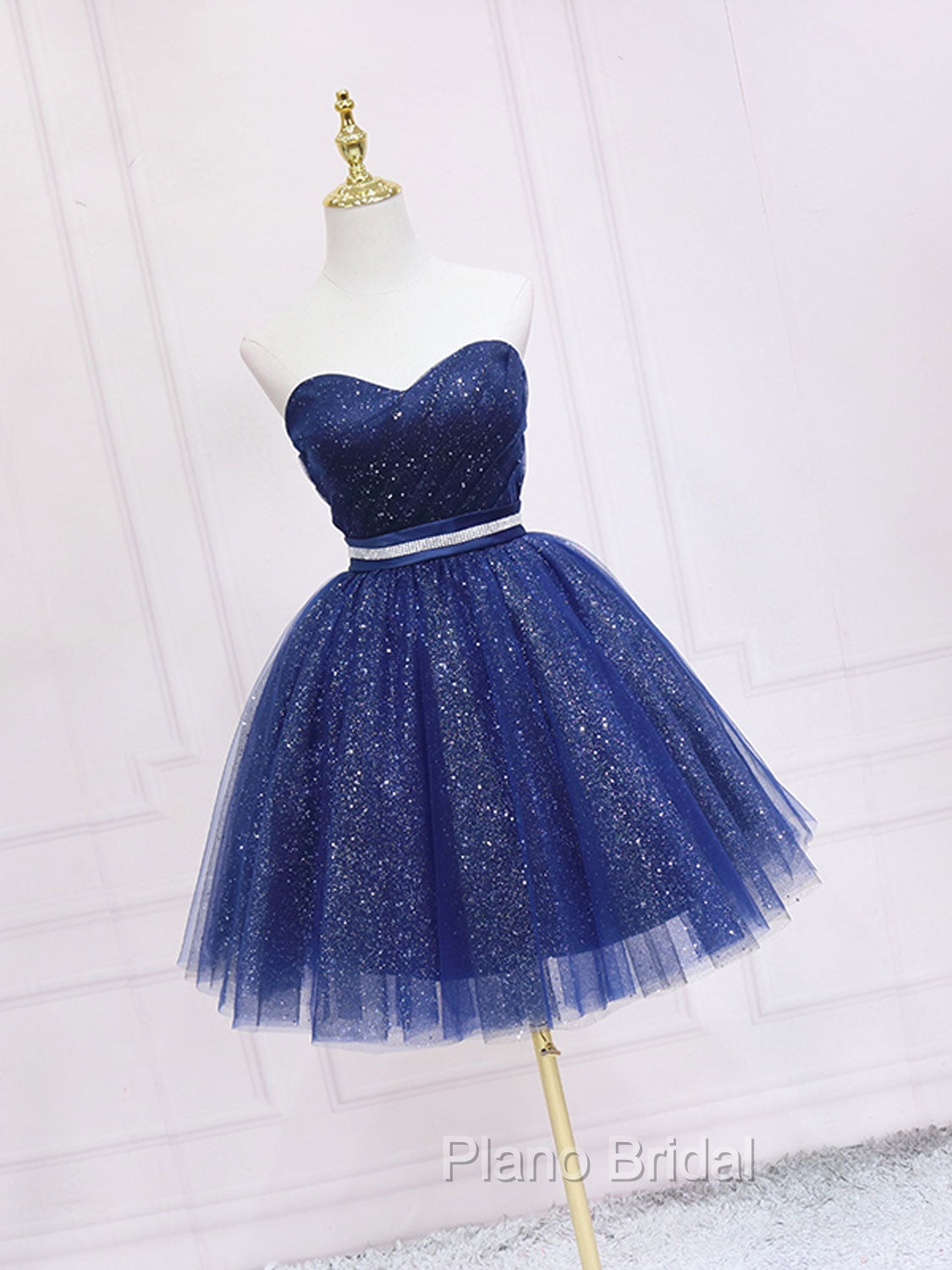 Dark Blue Sweetheart Neck Tulle Sequin Short Formal Prom Dresses Blue Puffy Homecoming Dresses Secondary image