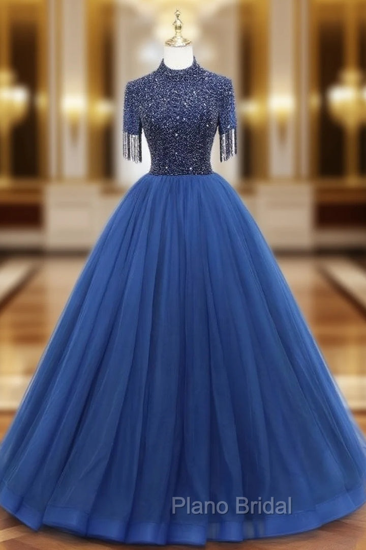 Dark Blue Tulle High Neck Beading Formal Prom Dresses Main image