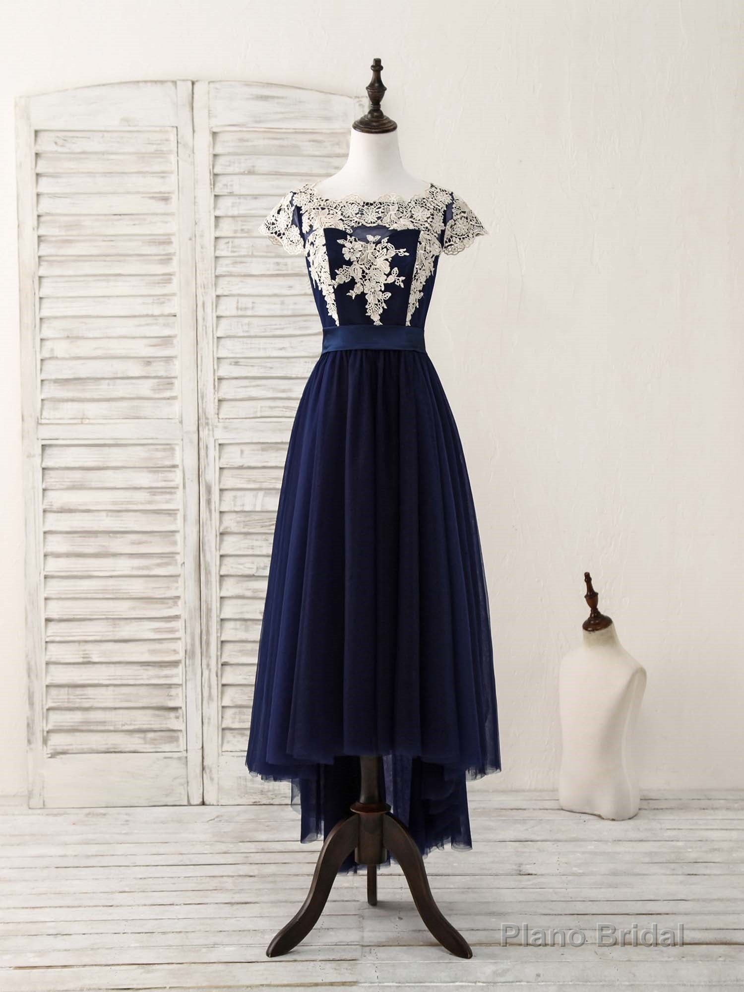 Dark Blue Tulle Lace Applique High Low Prom Dresses Main image