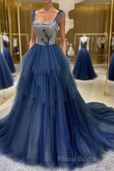 Dark blue tulle lace long Formal Prom dress, blue tulle formal dress