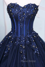 Dark Blue Tulle Lace Princess Dresses, A-Line Strapless Long Formal Prom Dresses