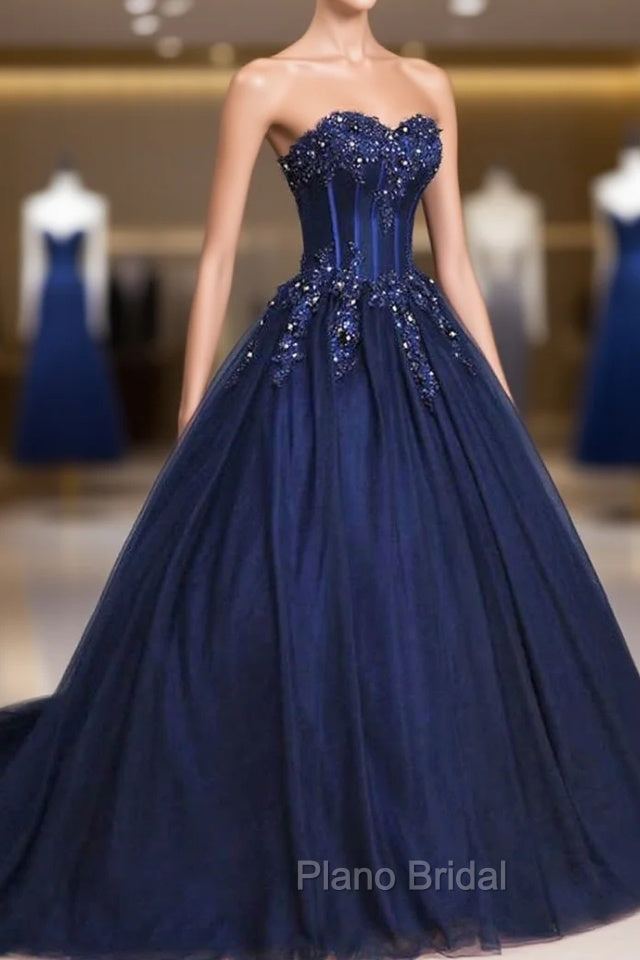 Dark Blue Tulle Lace Princess Dresses, A-Line Strapless Long Formal Prom Dresses