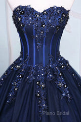 Dark Blue Tulle Lace Princess Dresses, Beautiful A-Line Strapless Long Formal Prom Dresses