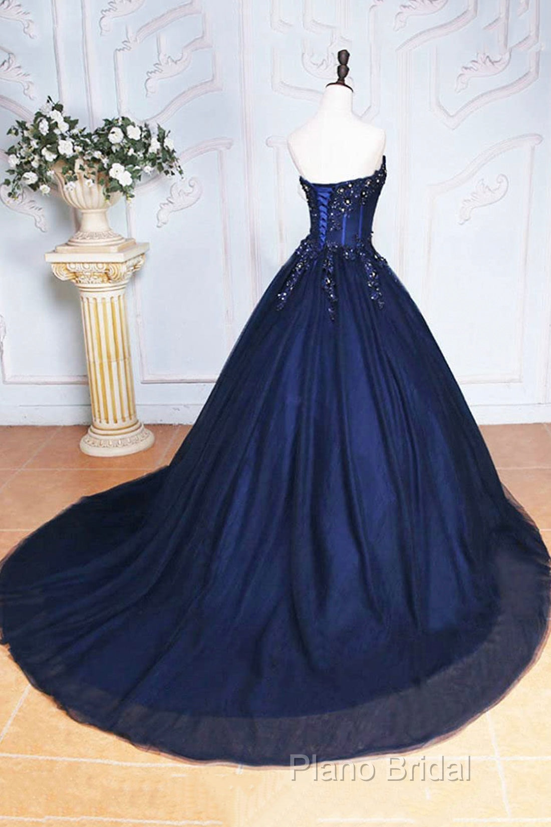Dark Blue Tulle Lace Princess Dresses, Beautiful A-Line Strapless Long Formal Prom Dresses