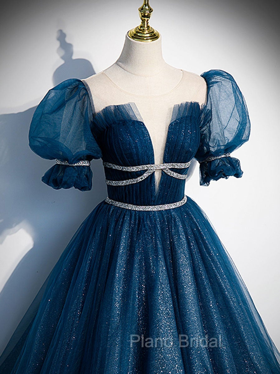 Dark Blue Tulle Long Formal Prom Dresses, Blue Tulle Sweet 16 Dresses Secondary image