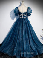 Dark Blue Tulle Long Formal Prom Dresses, Blue Tulle Sweet 16 Dresses