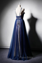 Dark Blue Tulle Long Formal Prom Dresses, Dark Blue Evening Dresses