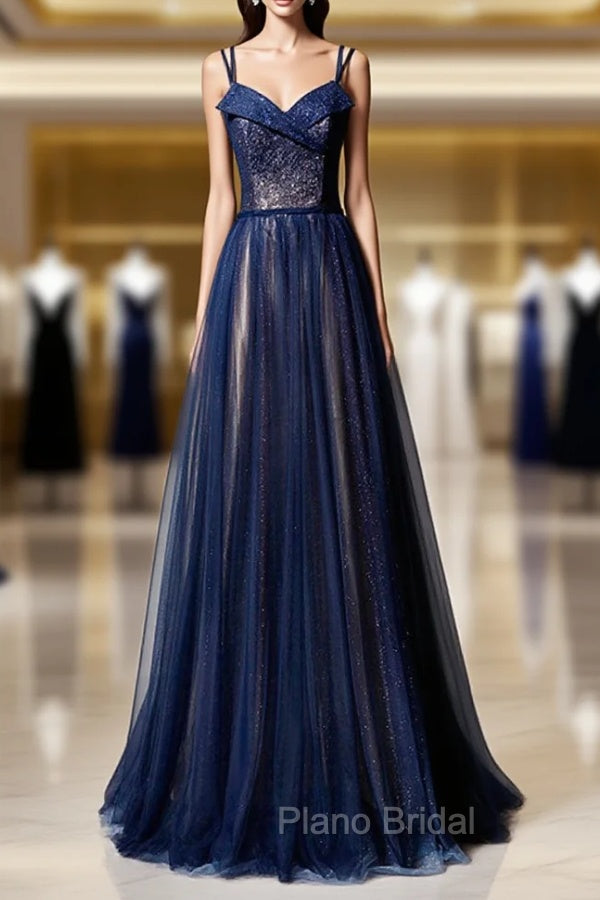 Dark Blue Tulle Long Formal Prom Dresses, Dark Blue Evening Dresses Main image