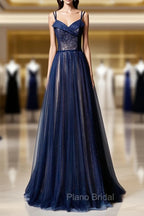 Dark Blue Tulle Long Formal Prom Dresses, Dark Blue Evening Dresses