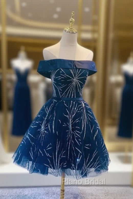 Dark Blue Tulle Off Shoulder Knee Length Party Dresses, Blue Homecoming Dresses Secondary image