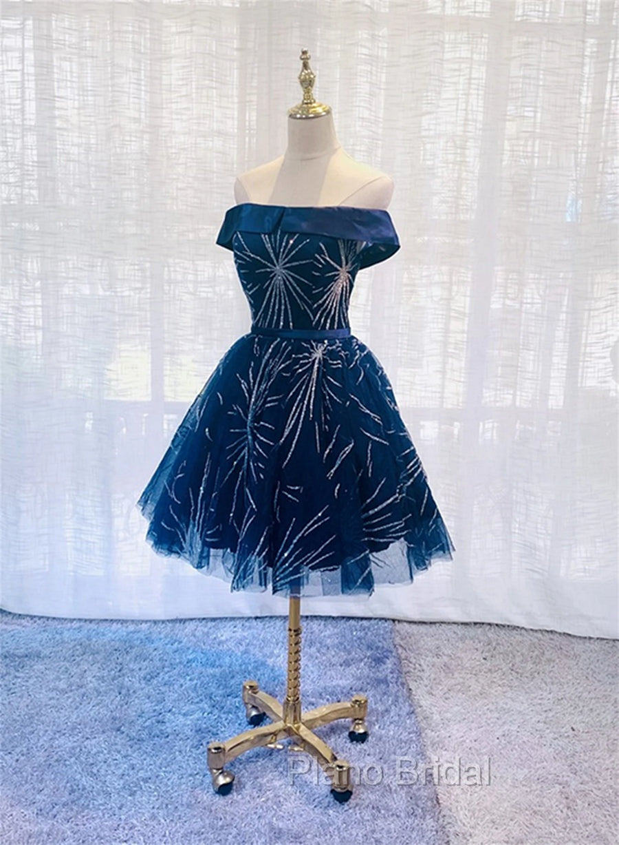 Dark Blue Tulle Off Shoulder Knee Length Party Dresses, Blue Homecoming Dresses Main image