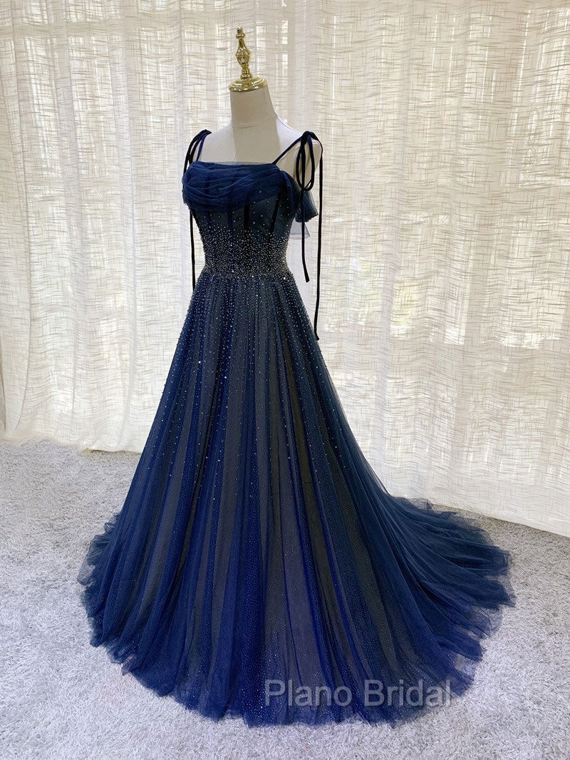 Dark Blue Tulle Sequin Long Formal Prom Dresses, Blue Tulle Formal Dresses