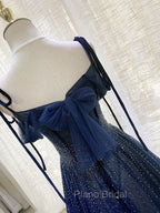 Dark Blue Tulle Sequin Long Formal Prom Dresses, Blue Tulle Formal Dresses