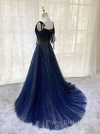 Dark Blue Tulle Sequin Long Formal Prom Dresses, Blue Tulle Formal Dresses